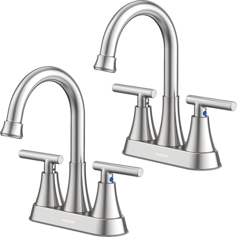 Hurran Bathroom Faucets for Sink 3 Hole, 4 inch Brushed Nickel Bathroom Sink Faucet with Pop-up Drain and Supply Hoses, Stainless Steel Lead-Free Centerset Faucet for Vanity RV, 2 Pack - Image 1